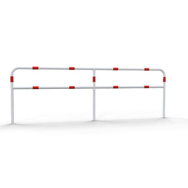 Protective railing | Steel tube  48 mm | Fixed postto be fixed by plugs | Corner post | hot-dip galvanized and white coatedwith red reflecting stripes